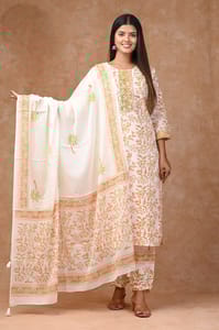 White Colour Cotton Printed Shirt with Cotton Printed Bottom and Mal Cotton Printed Dupatta