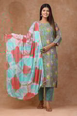 Sea Green Colour Cotton Printed Shirt with Cotton Printed Bottom and Chiffon Printed Dupatta