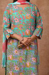 Sea Green Colour Cotton Printed Shirt with Cotton Printed Bottom and Chiffon Printed Dupatta