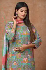 Sea Green Colour Cotton Printed Shirt with Cotton Printed Bottom and Chiffon Printed Dupatta