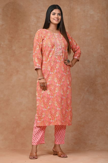 Peach Colour Cotton Printed Shirt with Cotton Printed Bottom