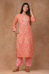 Peach Colour Cotton Printed Shirt with Cotton Printed Bottom
