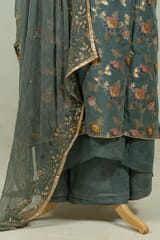 Greyish Green Colour Viscose Organza Embroidered Shirt with Bottom and Chiffon Embroidered Dupatta