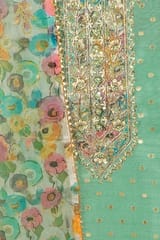 Green Colour Chanderi Embroidered Shirt with Bottom and Organza Printed Dupatta