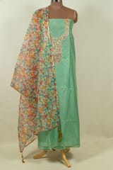 Green Colour Chanderi Embroidered Shirt with Bottom and Organza Printed Dupatta