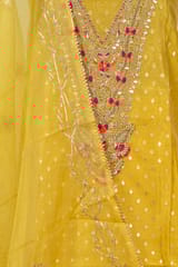 Yellow Colour Chanderi Embroidered Shirt with Bottom and Organza Embroidered Dupatta
