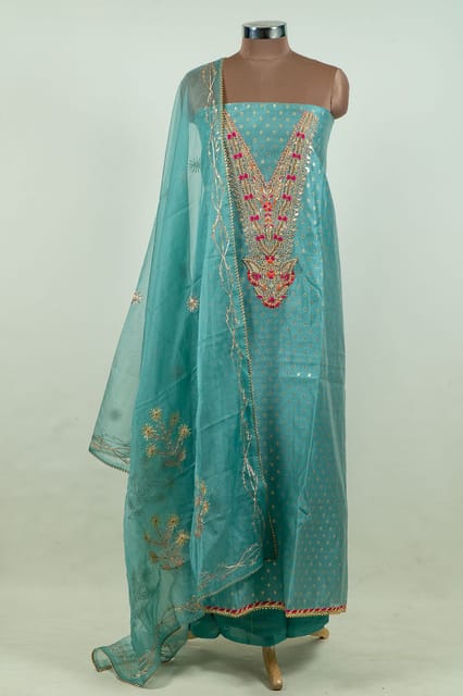 Firozi Colour Chanderi Embroidered Shirt with Bottom and Organza Embroidered Dupatta