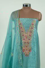 Firozi Colour Chanderi Embroidered Shirt with Bottom and Organza Embroidered Dupatta