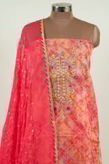 Majenta Colour Organza print Embroidered Shirt with Bottom and Chiffon Embroidered Dupatta