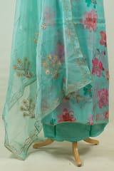 Firozi Colour Organza Print with Embroidered Shirt with Bottom and Organza Embroidered Dupatta