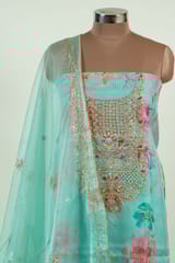 Firozi Colour Organza Print with Embroidered Shirt with Bottom and Organza Embroidered Dupatta