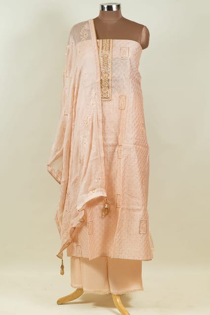 Peach Colour Chanderi Hand Embroidered Shirt with Bottom and Chiffon Embroidered Dupatta