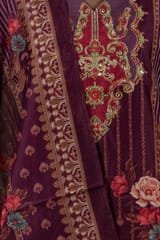 Wine Colour Chanderi Print with Embroidered Shirt with Bottom and Chanderi Printed Dupatta