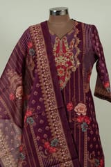Wine Colour Chanderi Print with Embroidered Shirt with Bottom and Chanderi Printed Dupatta
