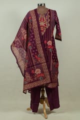 Wine Colour Chanderi Print with Embroidered Shirt with Bottom and Chanderi Printed Dupatta