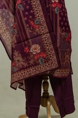Wine Colour Chanderi Print with Embroidered Shirt with Bottom and Chanderi Printed Dupatta