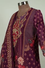 Wine Colour Chanderi Print with Embroidered Shirt with Bottom and Chanderi Printed Dupatta