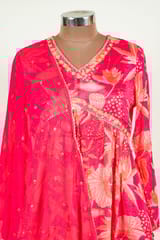 Majenta Colour Chinon Chiffon Print with Embroidered Shirt with Bottom and Chiffon Embroidered Dupatta