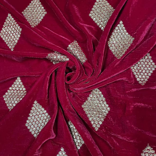 Red Color Velvet Embroidered Fabric
