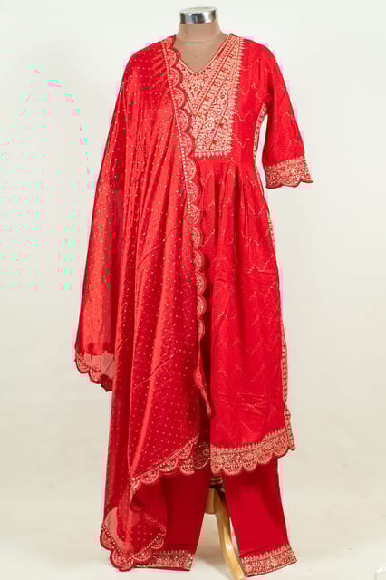 Red Colour Rayon Cotton Embroidered Shirt with Bottom and Chinon Chiffon Embroidered Dupatta