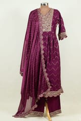 Wine Colour Rayon Cotton Embroidered Shirt with Bottom and Chinon Chiffon Embroidered Dupatta