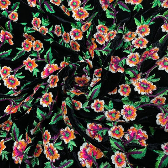 Black Color Velvet Embroidered Fabric
