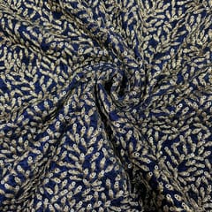 Navy Blue Color Velvet Embroidered Fabric