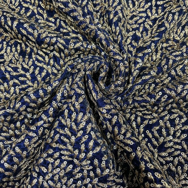 Navy Blue Color Velvet Embroidered Fabric