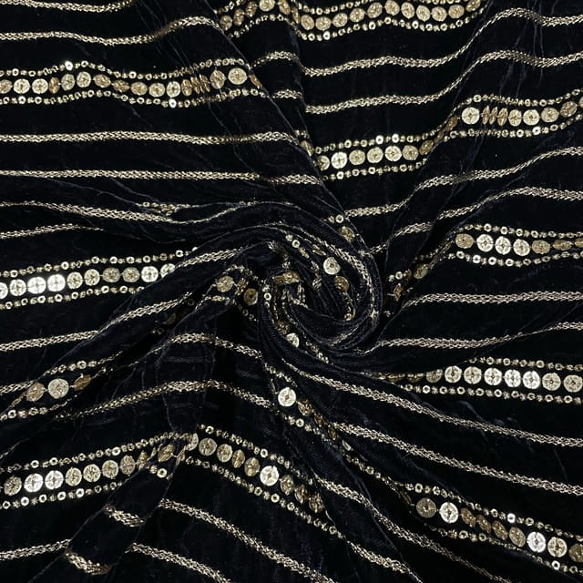 Navy Blue Color Velvet Embroidered Fabric