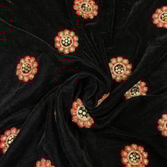 Orange Color Velvet Embroidered Fabric
