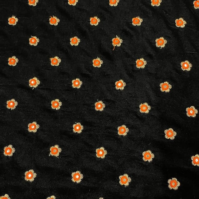 Orange Color Velvet Embroidered Fabric