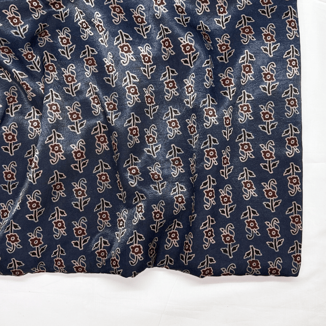 Blue Floral Printed Mashru Ajrakh Silk Fabric