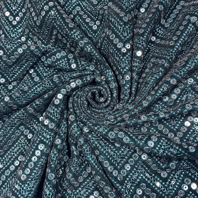 Rama Green Color Velvet Embroidered Fabric