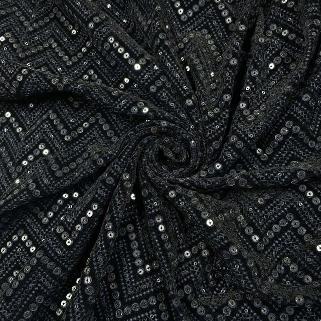 Navy Blue Color Velvet Embroidered Fabric