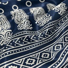 Navy Blue With Cream Floral Printed Mashru Silk Fabric