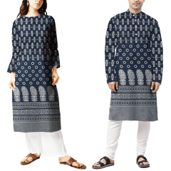Navy Blue With Cream Floral Printed Mashru Silk Fabric