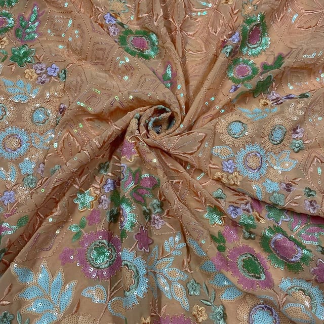 Peach Color Georgette Embroidered Fabric
