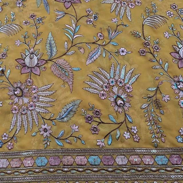 Mustard Color Georgette Embroidered Fabric