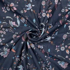 Navy Blue Color Woolen Printed Fabric