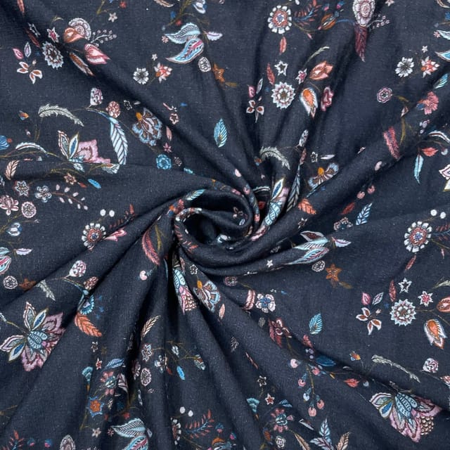 Navy Blue Color Woolen Printed Fabric