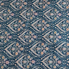 Peacock Blue Color Dola Silk Print with Embroidered Fabric