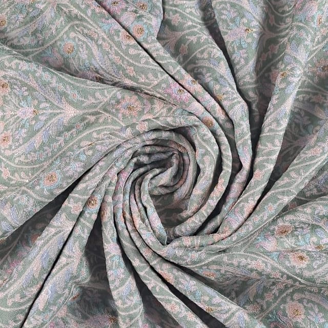 Sea Green Color Dola Silk Print with Embroidered Fabric