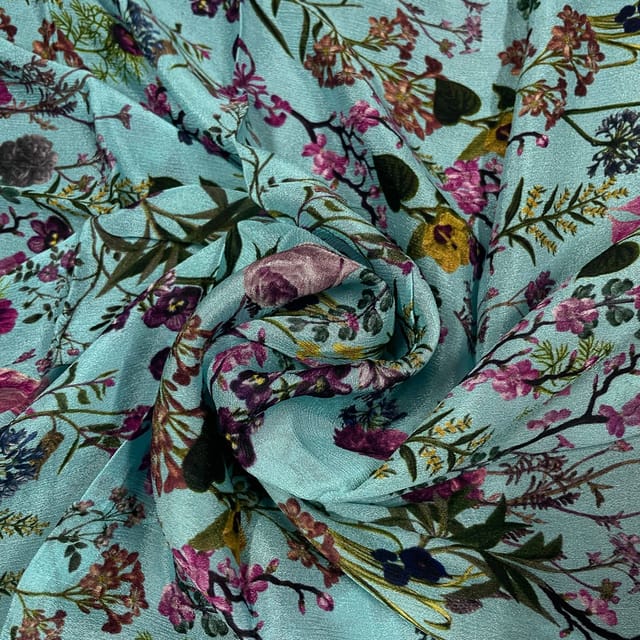 Sea Green Color Chinon Chiffon Printed Fabric