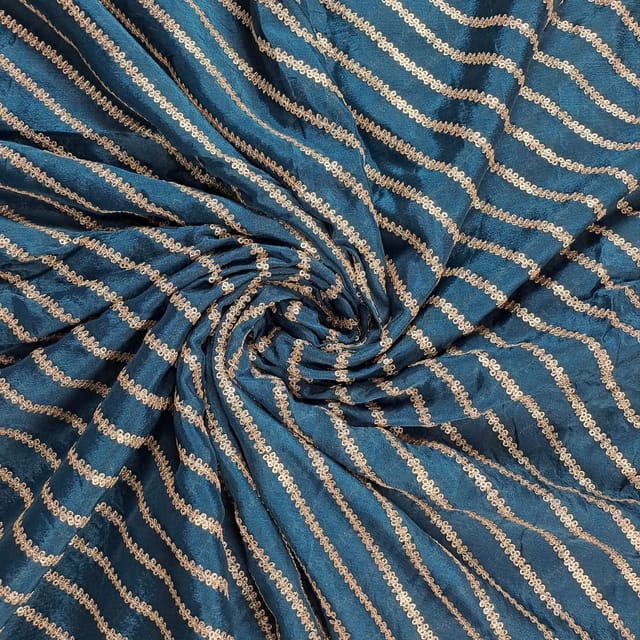 Peacock Blue Color Chinon Embroidered Fabric