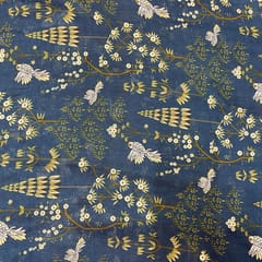 Navy Blue Color Pure Chanderi Silk Printed Fabric