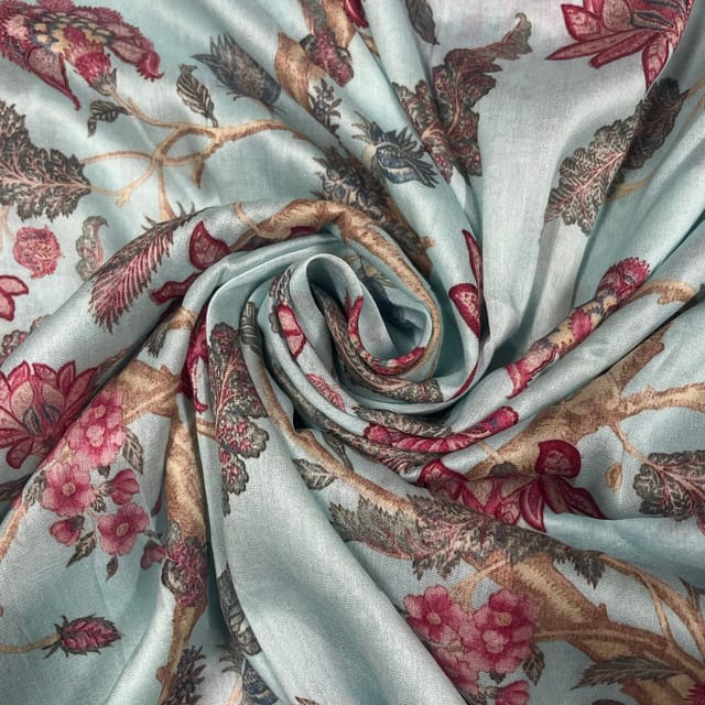 Sky Blue Color Pure Chanderi Silk Printed Fabric