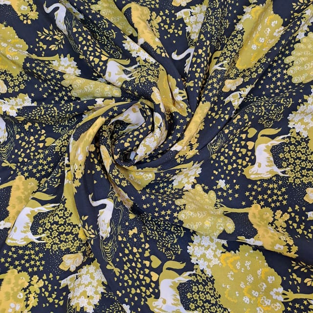 Black Color Pure Crepe Printed Fabric