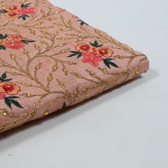 Peach Colour Poly Dupion Embroidered Fabric (1.30 Meter Piece)