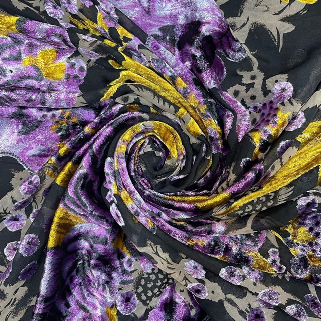 Purple Color Velvet Brasso Printed Fabric