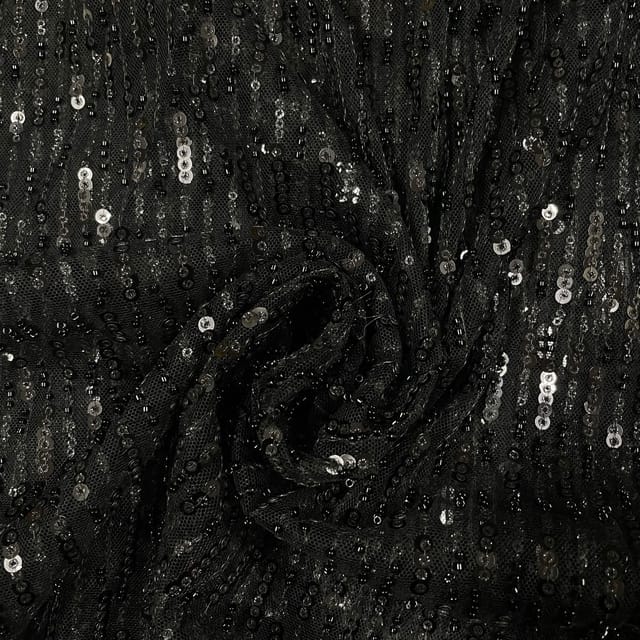 Black Color Net Sequins Embroidered Fabric